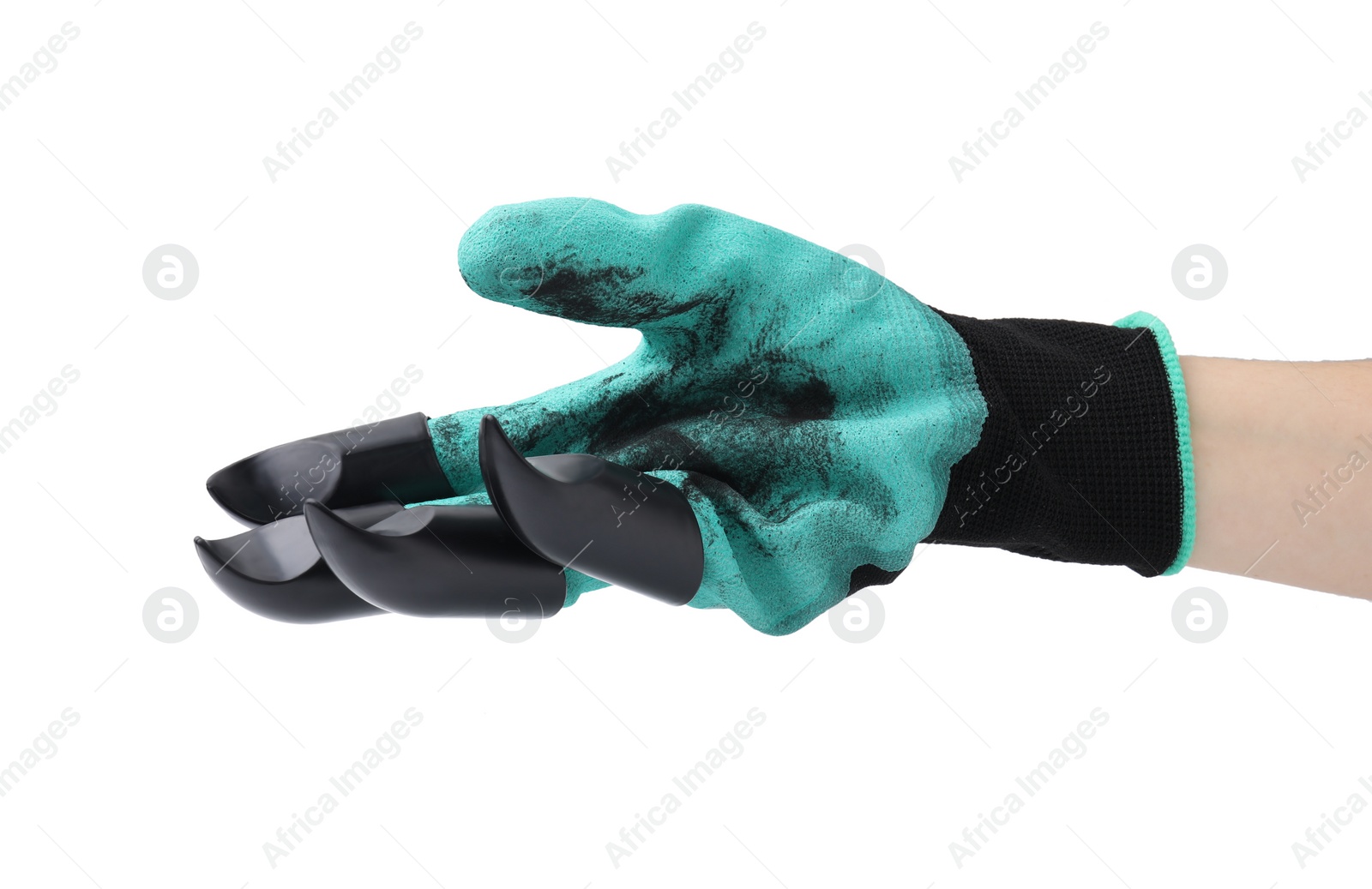 Photo of Woman in claw gardening glove on white background, closeup