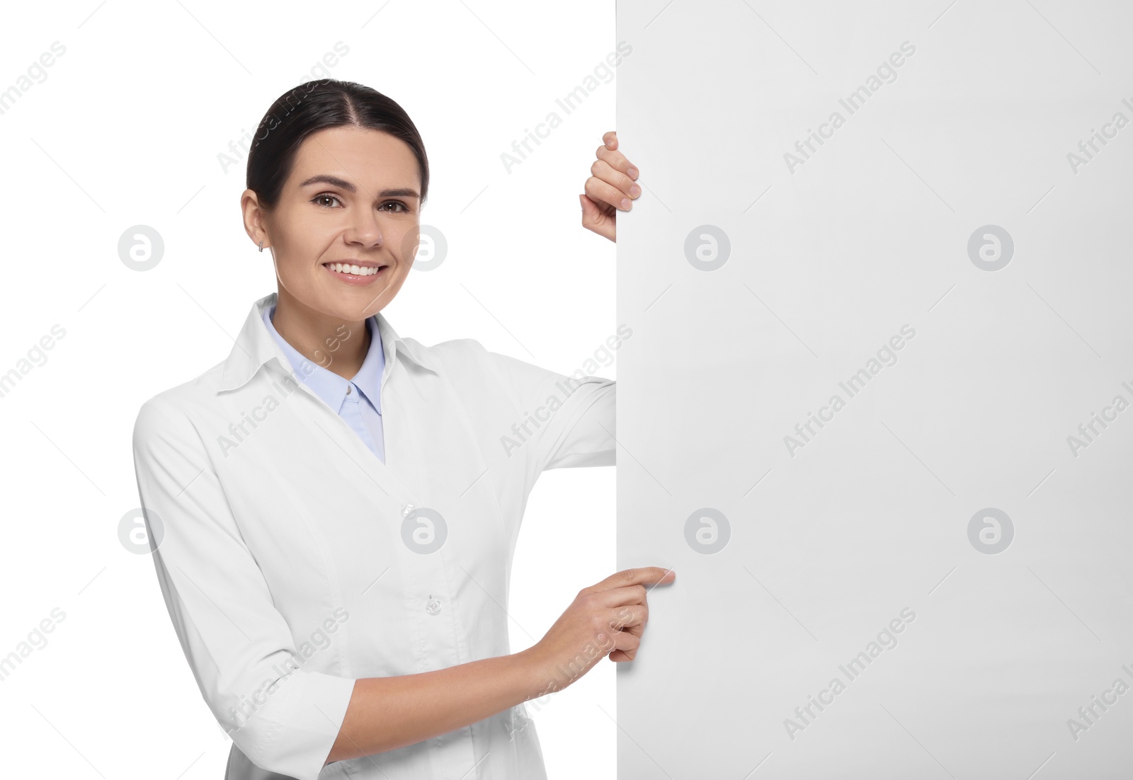 Photo of Ophthalmologist with blank banner on white background, space for text