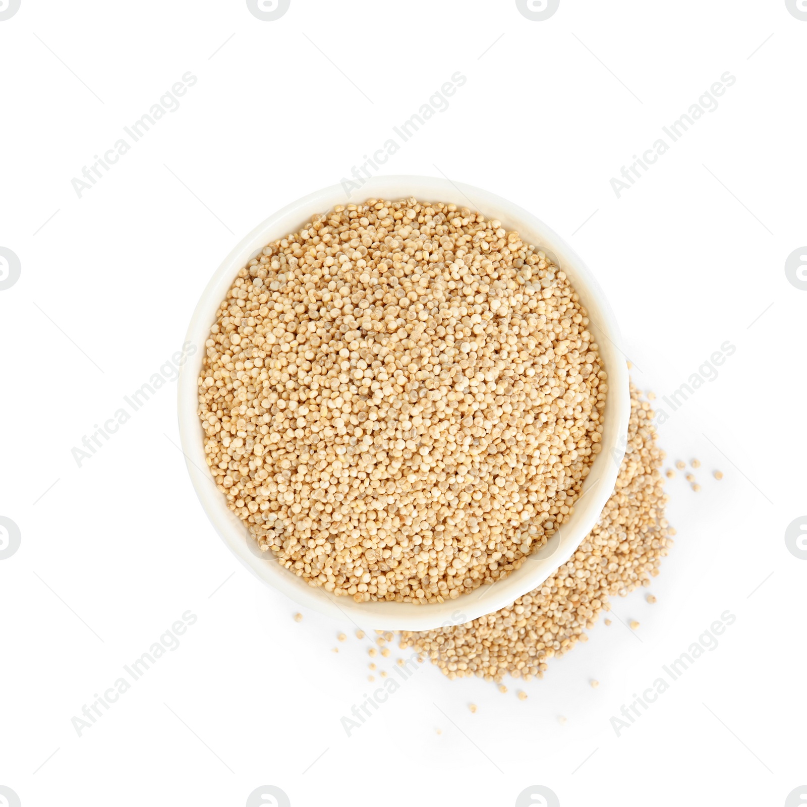 Photo of Bowl with quinoa on white background, top view