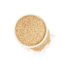 Photo of Bowl with quinoa on white background, top view