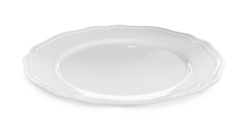 Photo of Empty light gray ceramic plate isolated on white