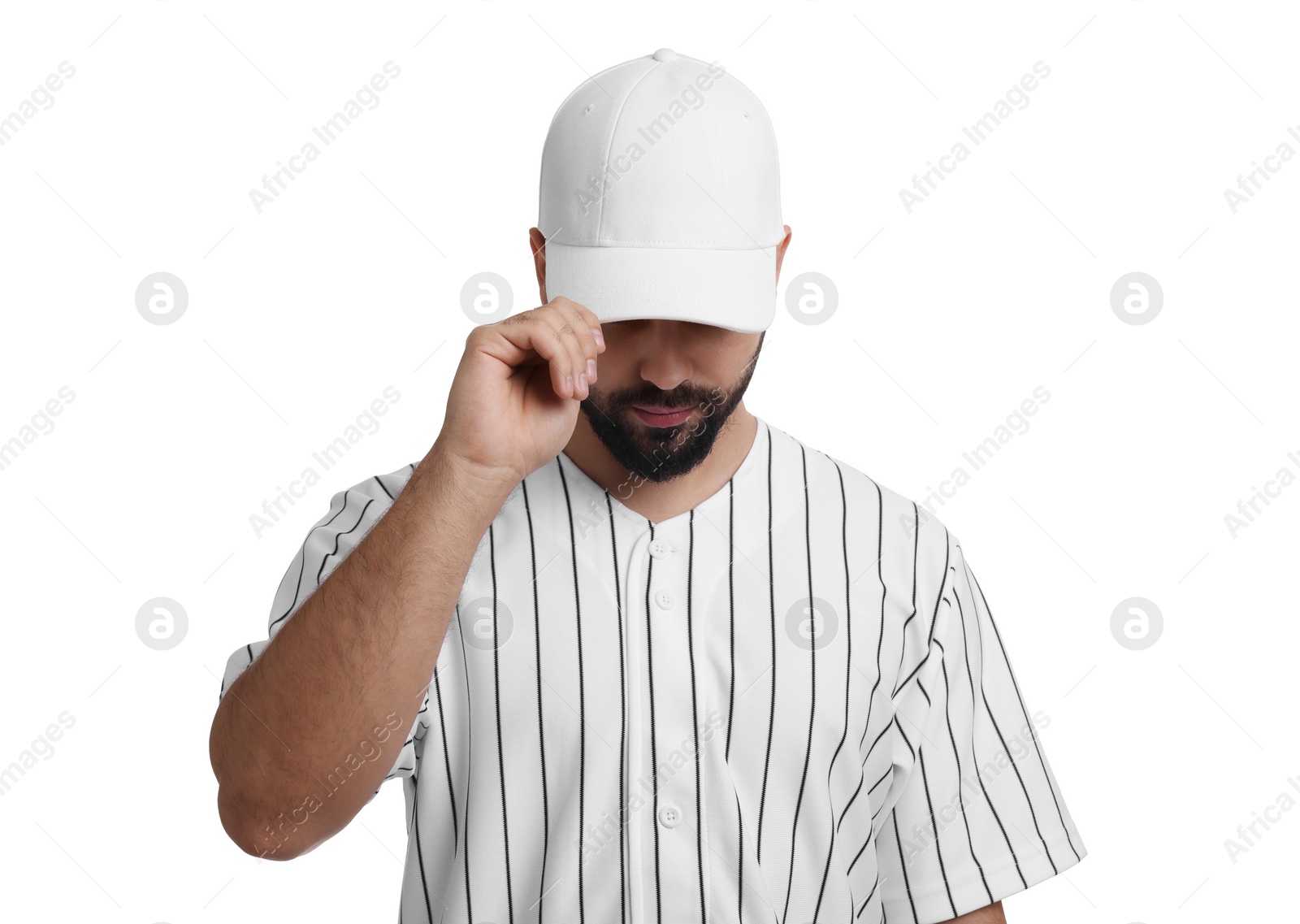 Photo of Man in stylish baseball cap on white background