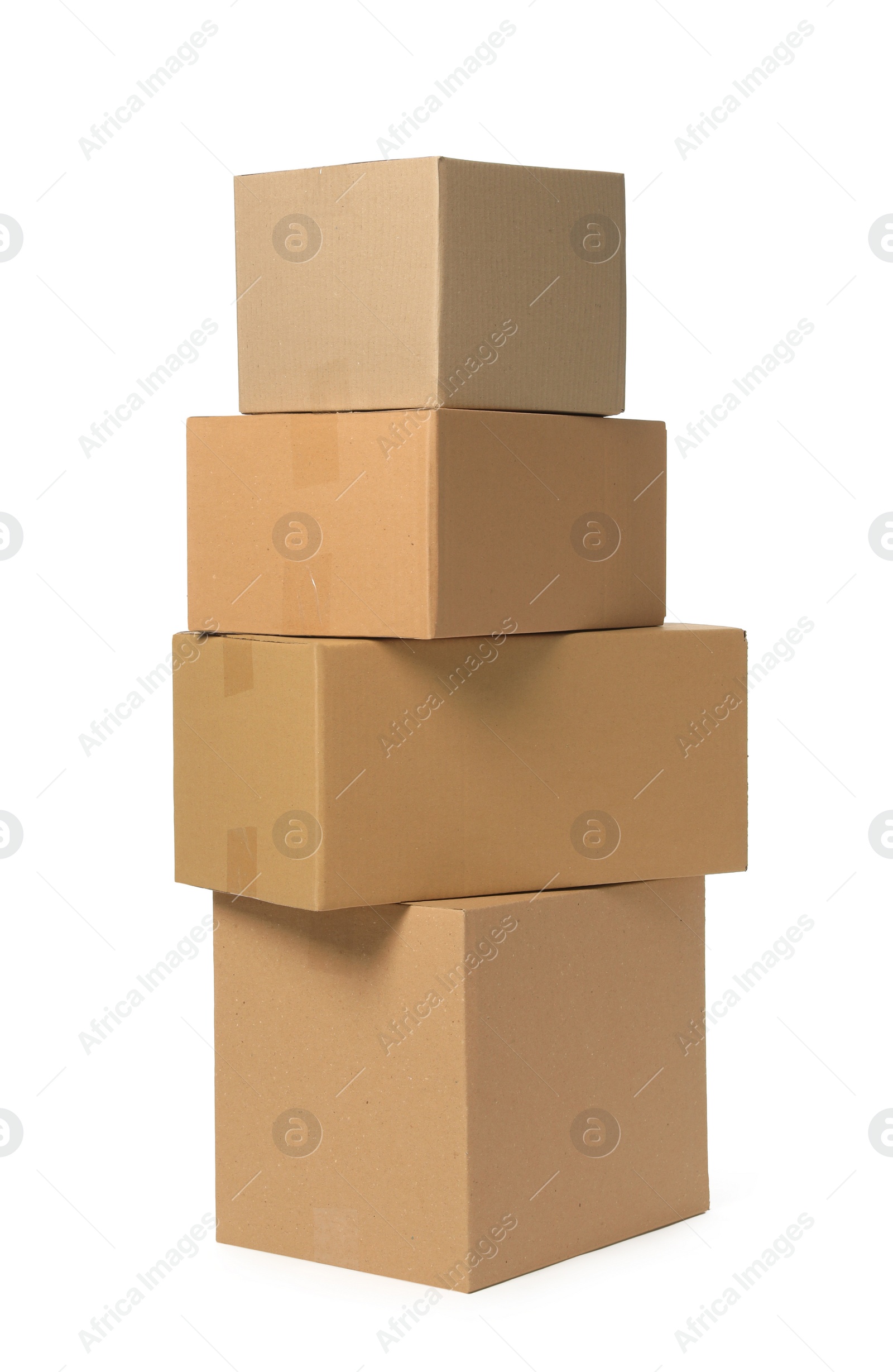 Photo of Many closed cardboard boxes on white background. Delivery service