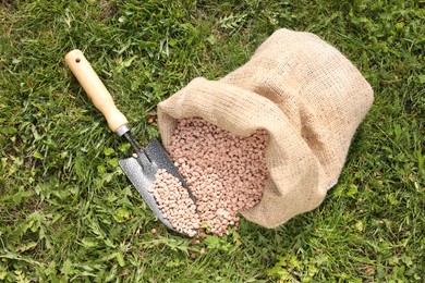 Granulated fertilizer in sack and shovel on green grass outdoors, top view