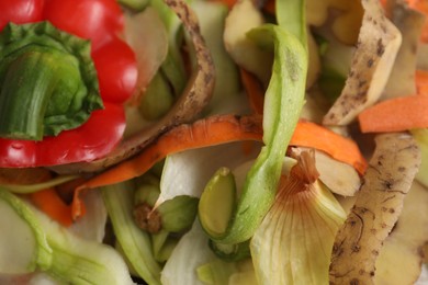 Photo of Peels of fresh vegetables on table, flat lay