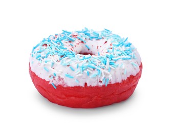 Photo of Glazed donut decorated with sprinkles isolated on white. Tasty confectionery