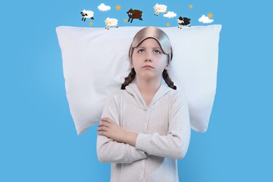 Image of Insomnia. Girl with pillow and blindfold counting to fall asleep on light blue background. Illustrations of sheep, clouds and stars above her