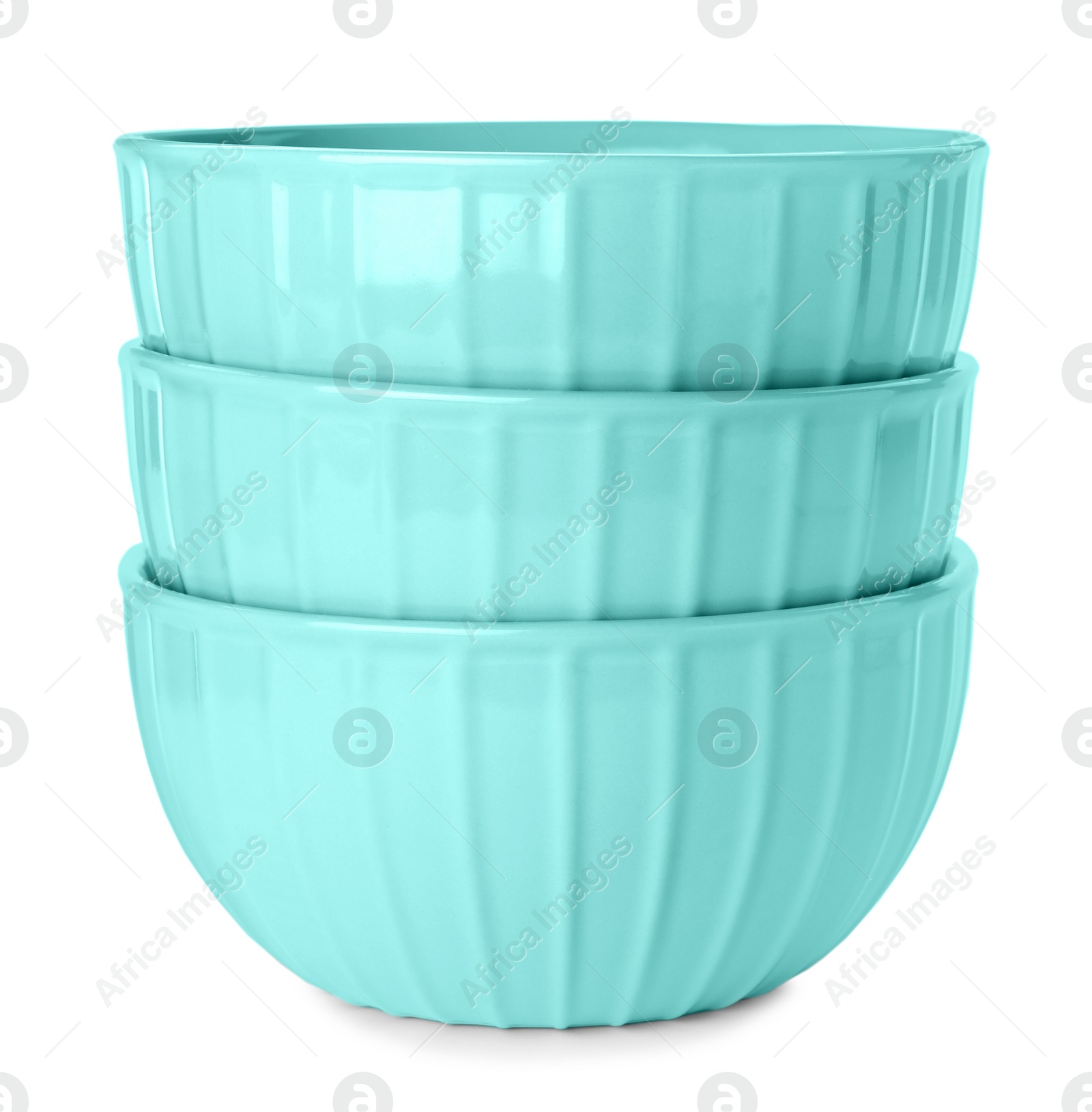 Photo of Elegant new turquoise bowls on white background