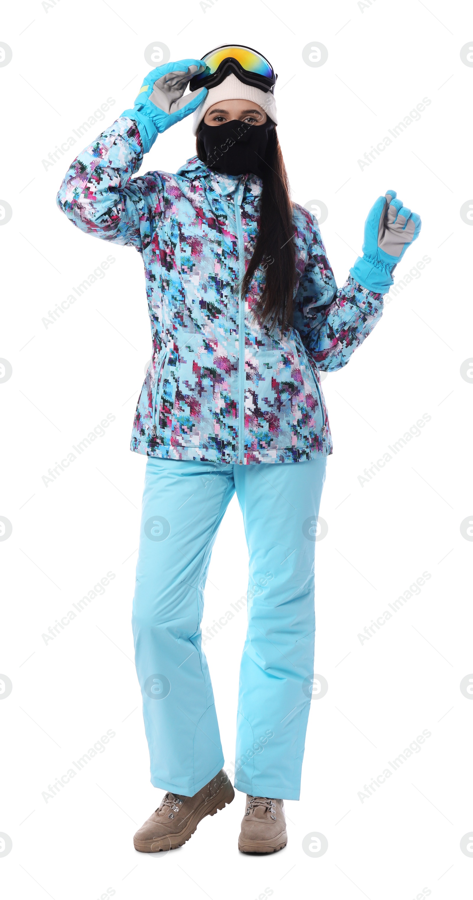 Photo of Woman wearing stylish winter sport clothes on white background