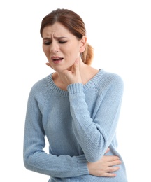 Woman suffering from cough isolated on white