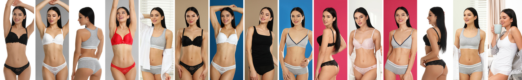 Collage of young woman in underwear on color backgrounds. Banner design 