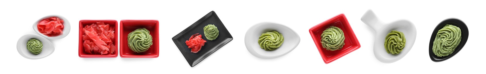 Set with spicy wasabi paste and pickled ginger on white background, top view. Banner design