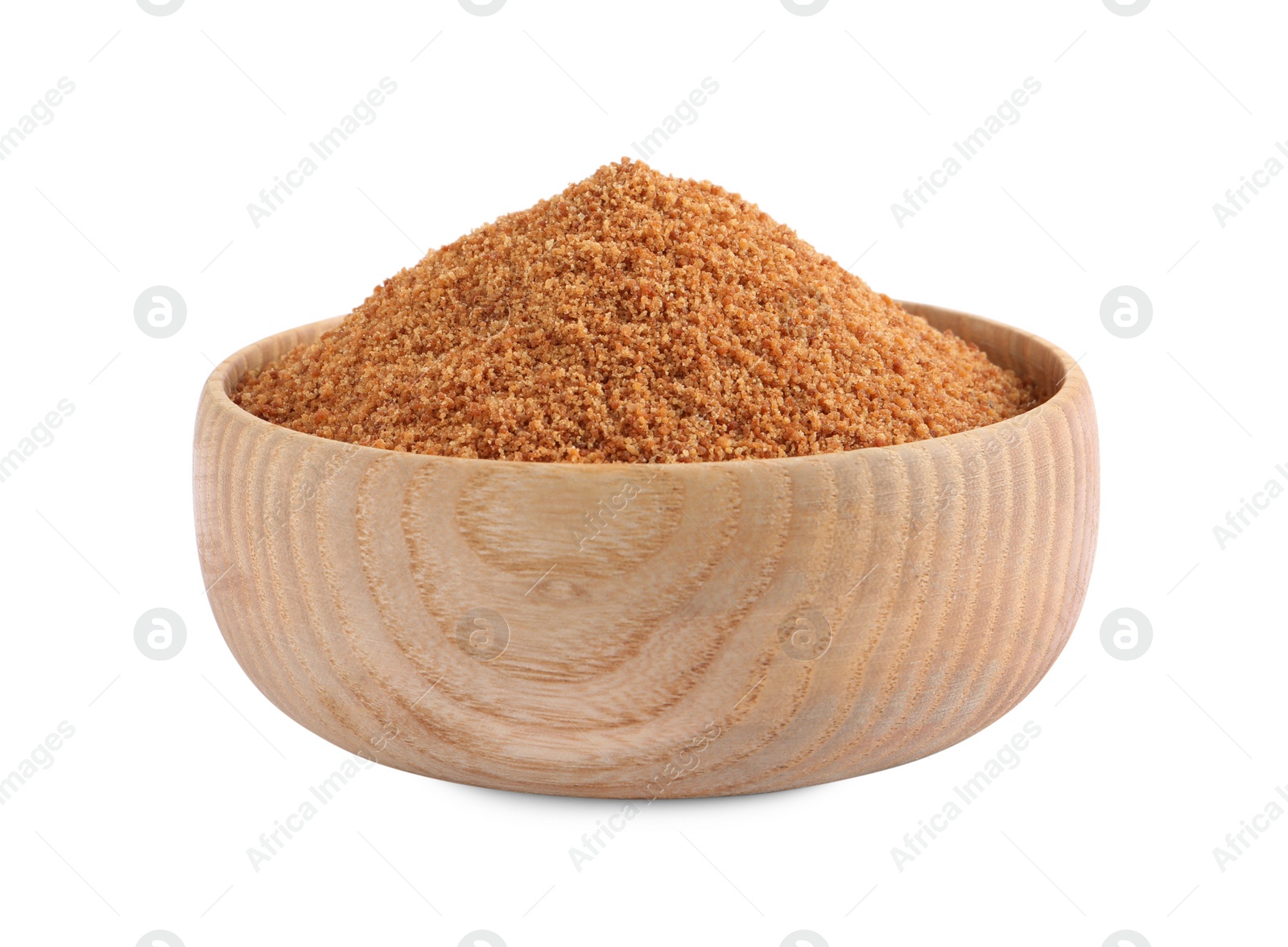 Photo of Natural coconut sugar in bowl isolated on white