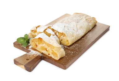 Photo of Delicious apple strudel with almonds, powdered sugar and mint on white background