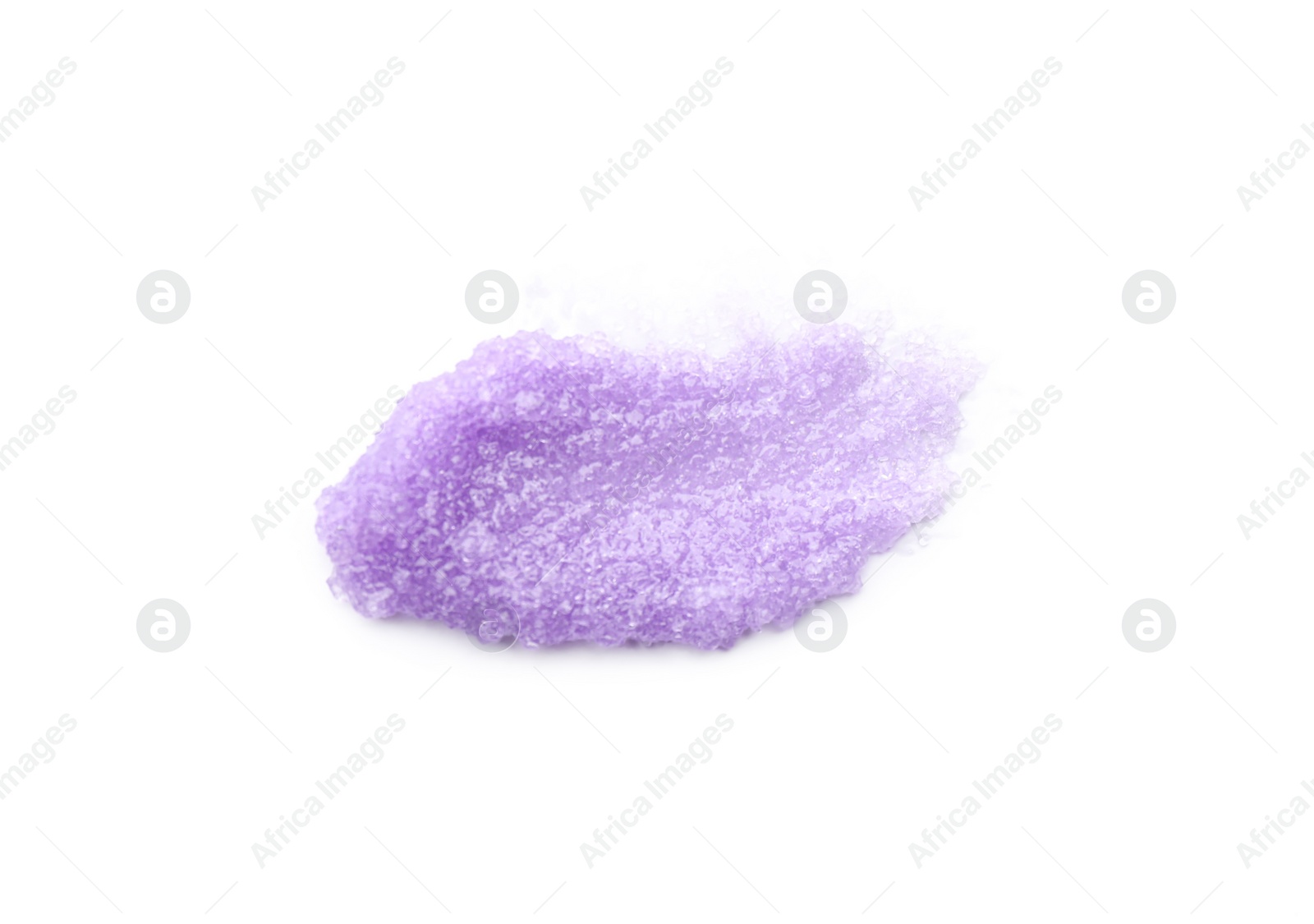 Photo of Smear of violet body scrub isolated on white, top view