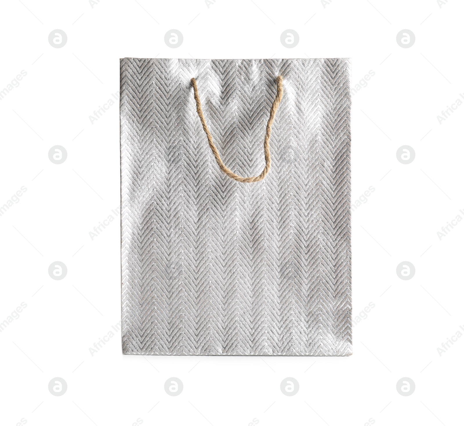 Photo of Silver paper shopping bag isolated on white. Space for design