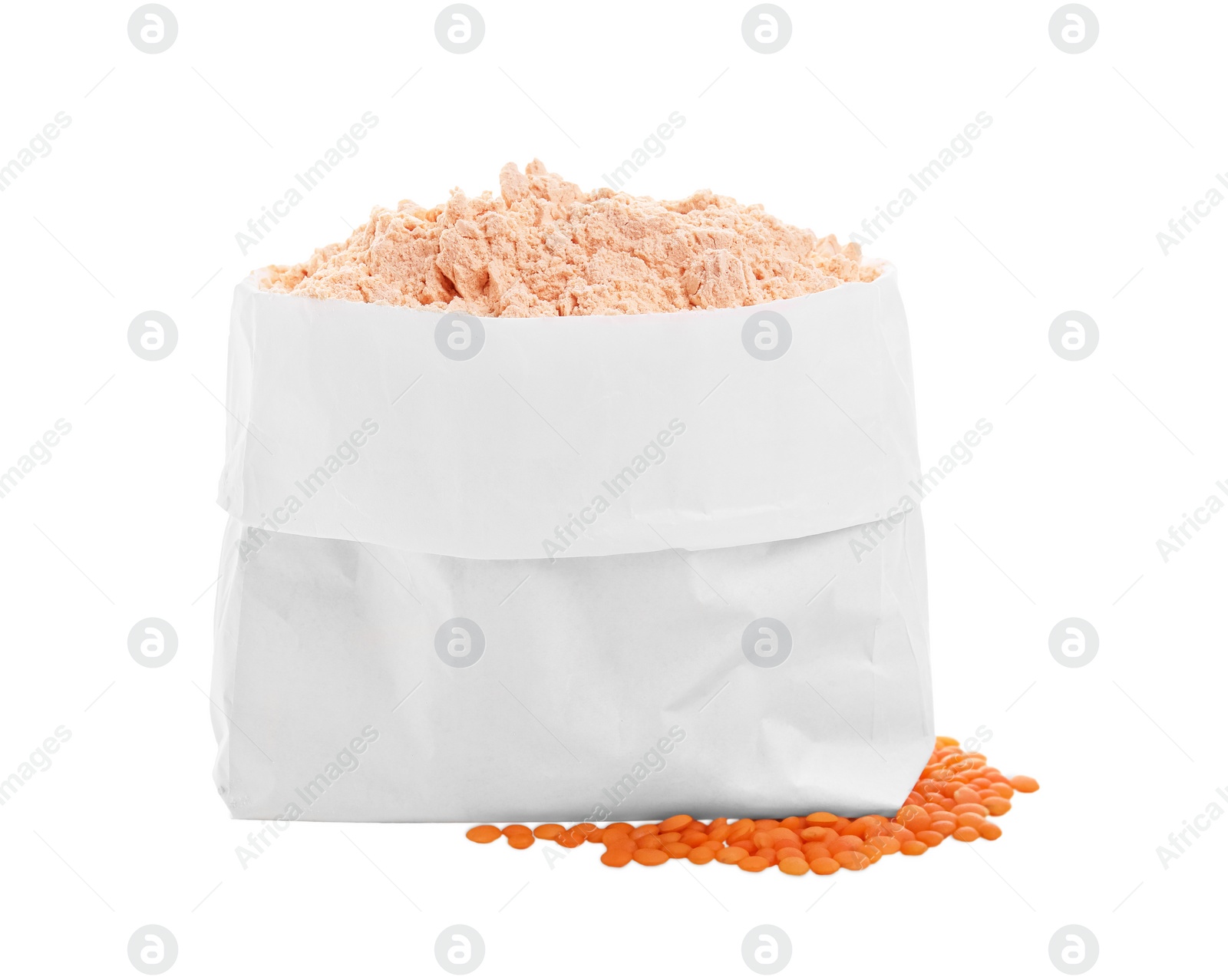 Photo of Lentil flour in paper bag and seeds isolated on white