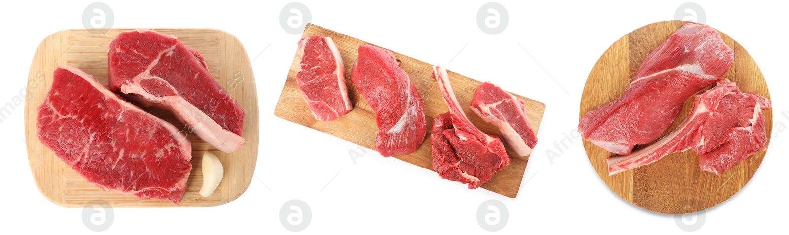 Image of Set of raw beef steaks isolated on white, top view