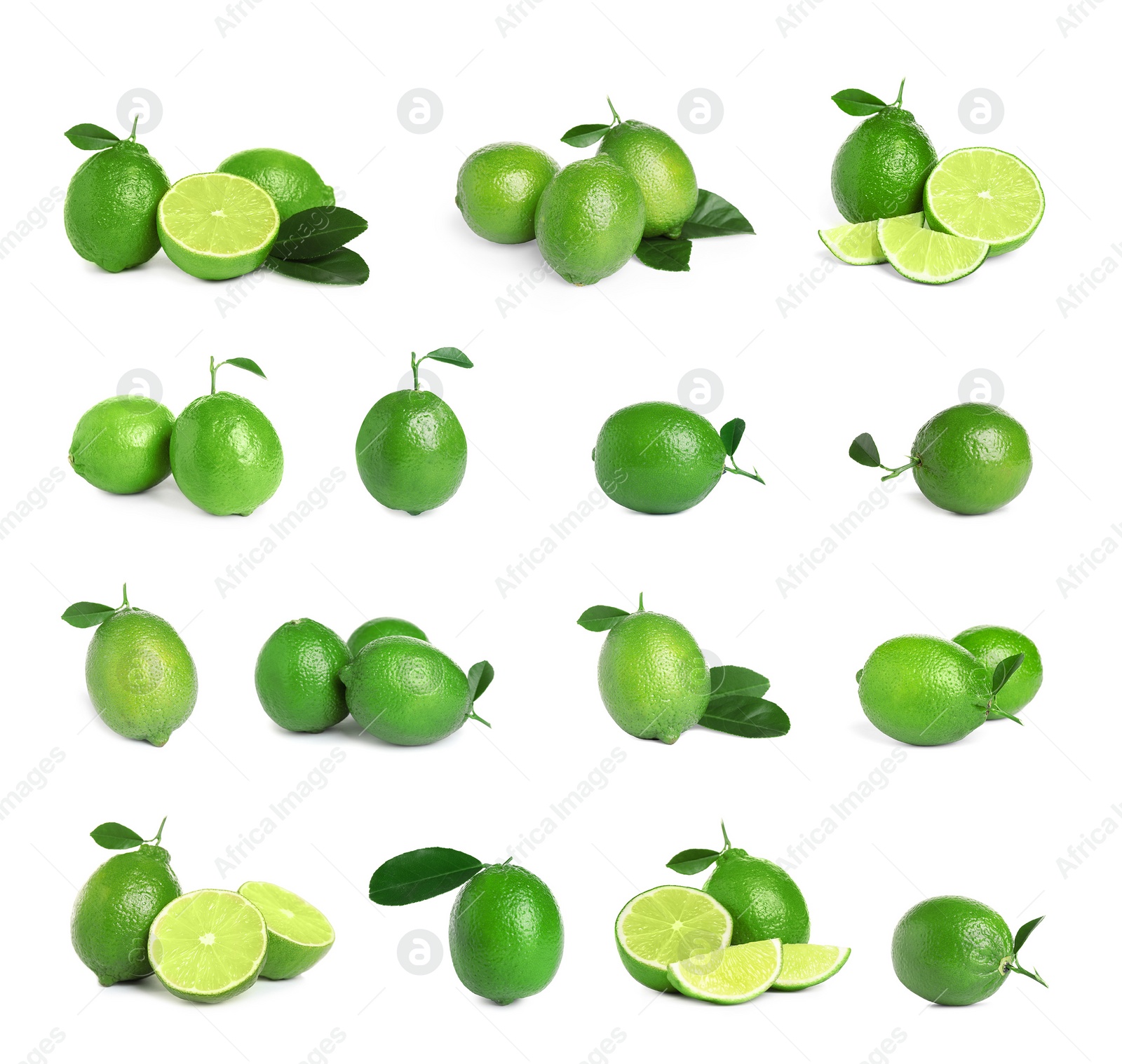 Image of Set of fresh ripe limes on white background