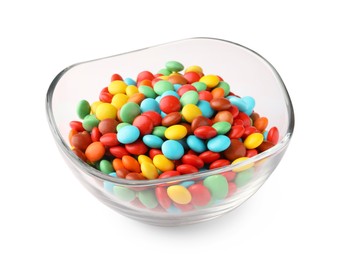 Photo of Bowl with colorful candies isolated on white