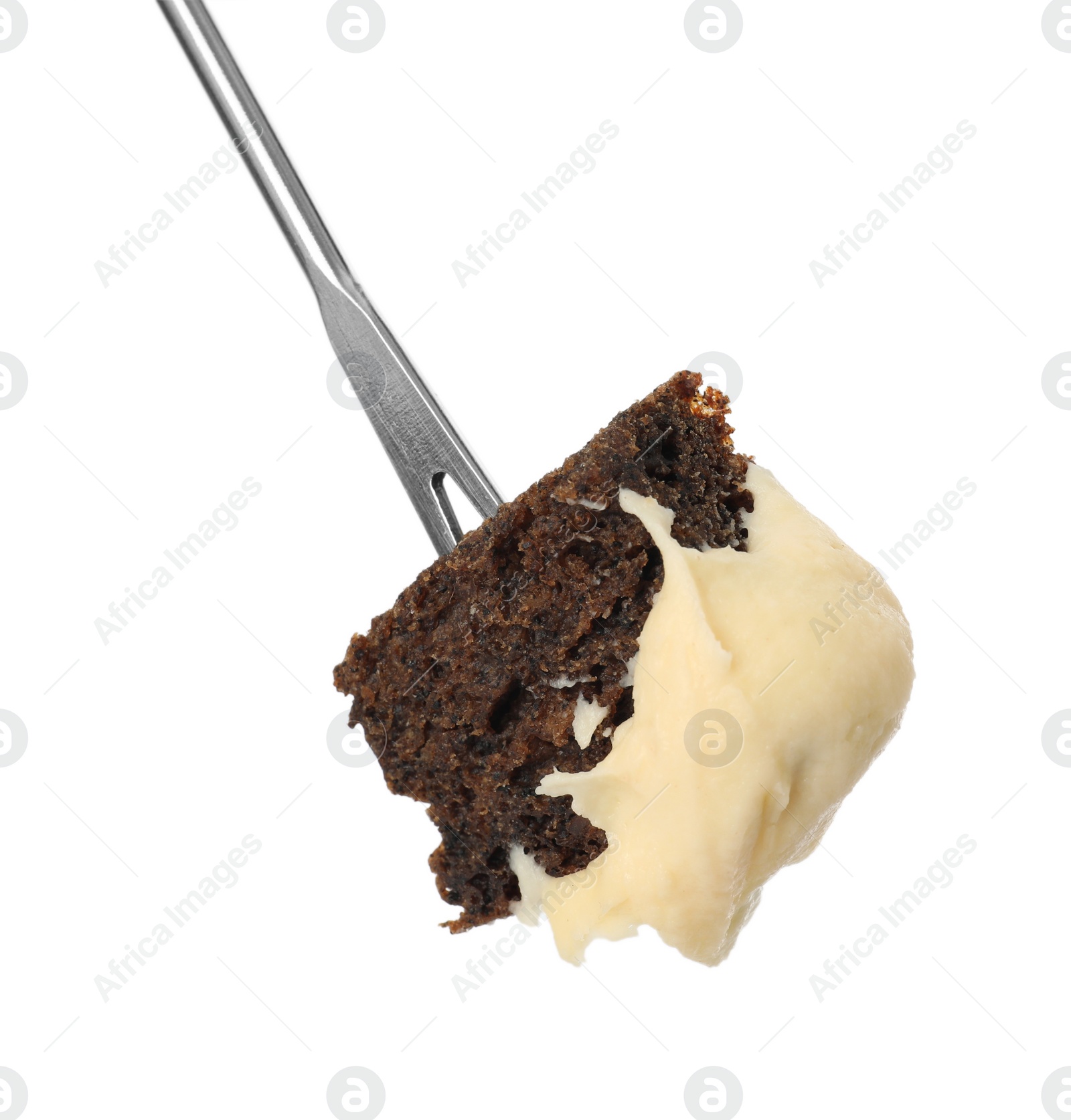 Photo of Tasty fondue. Fork with piece of bread and melted cheese isolated on white