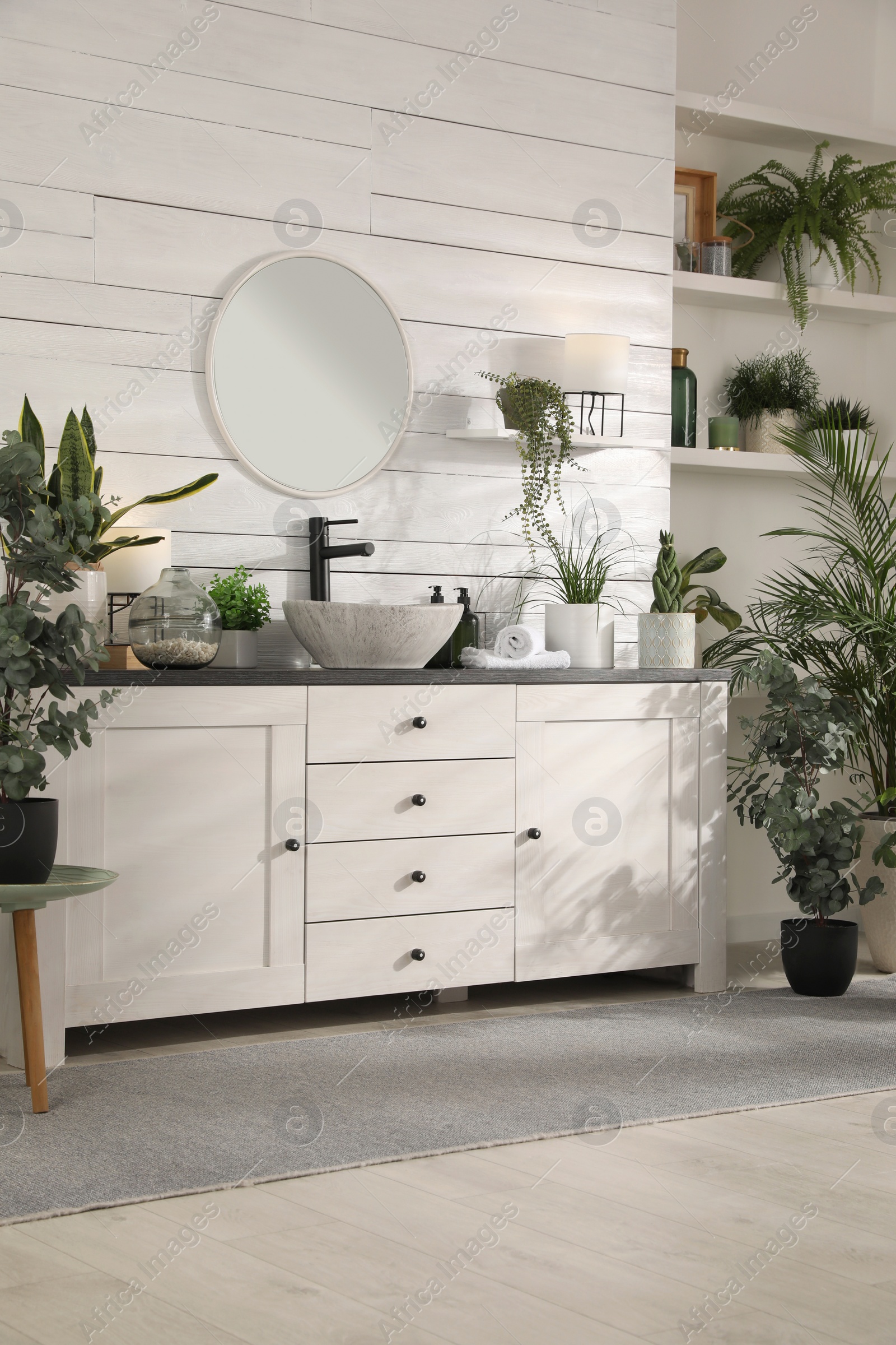 Photo of Stylish bathroom interior with vessel sink and beautiful plants