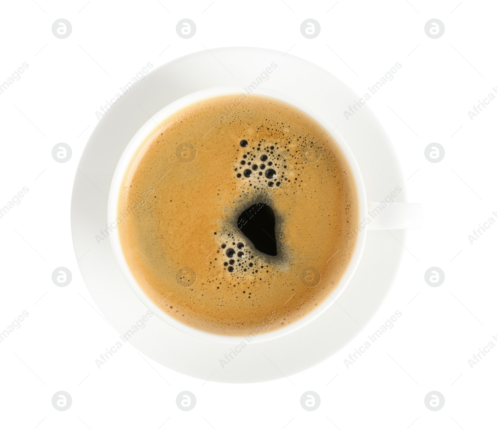 Photo of Cup of tasty coffee isolated on white, top view