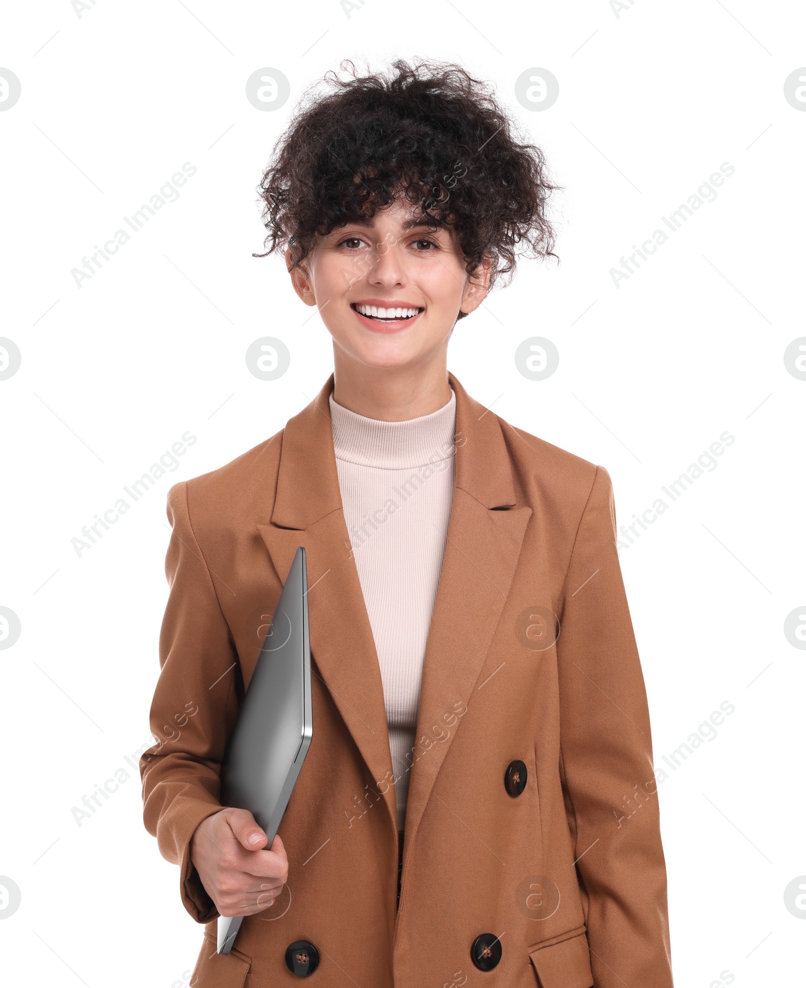 Photo of Beautiful happy businesswoman with laptop on white background