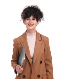 Beautiful happy businesswoman with laptop on white background