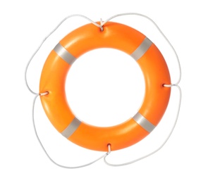 Photo of Bright lifebuoy ring on white background. Summer holidays