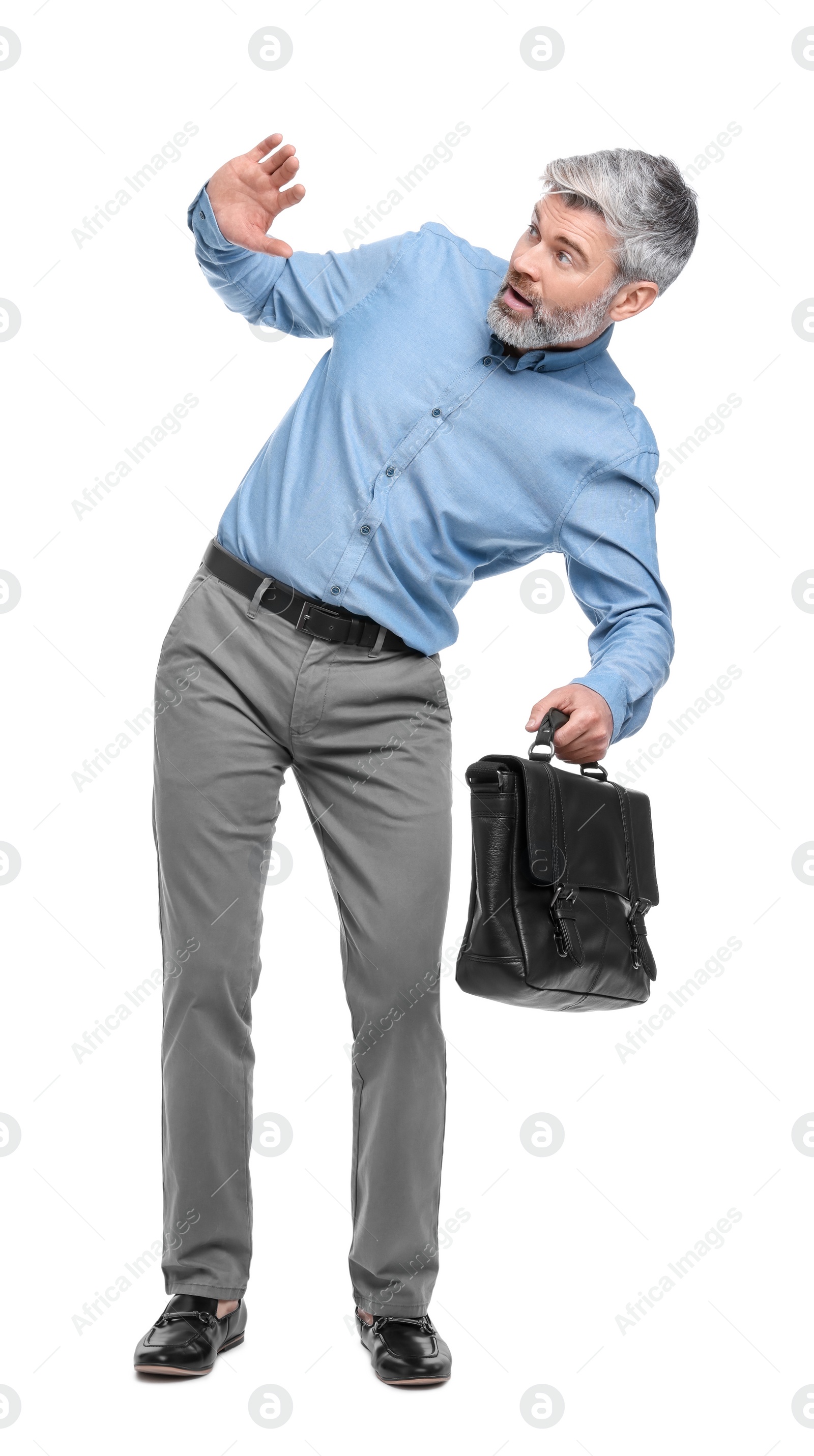 Photo of Mature businessman in stylish clothes with briefcase on white background