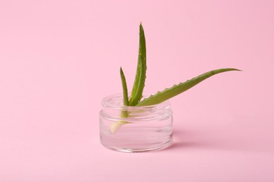 Jar of natural gel and fresh aloe on pink background