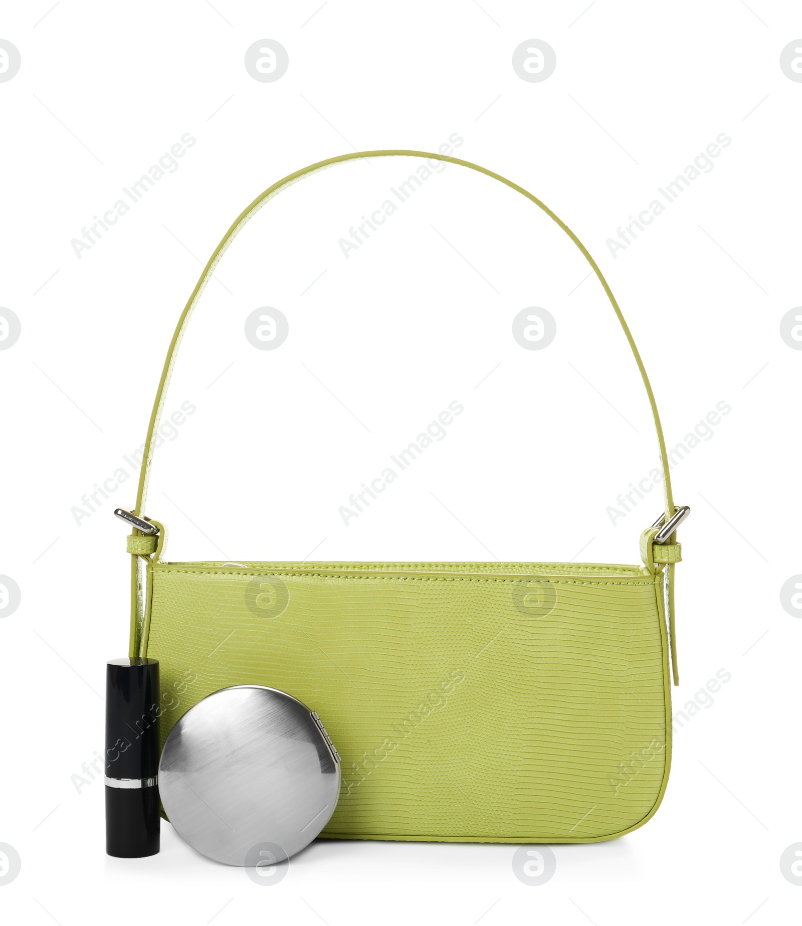 Photo of Stylish baguette bag with pocket mirror and lipstick on white background