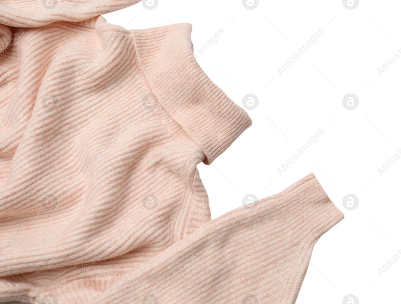 Photo of Pink turtleneck sweater on white background, closeup