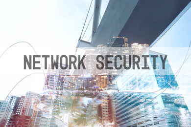 Network security concept. Double exposure of different cityscapes