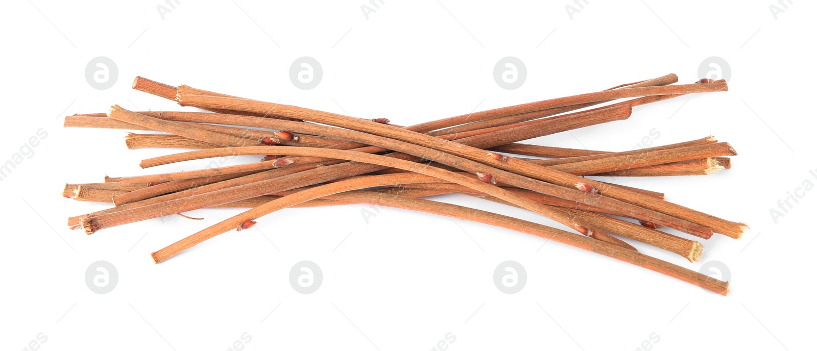 Photo of Many dry tree twigs on white background
