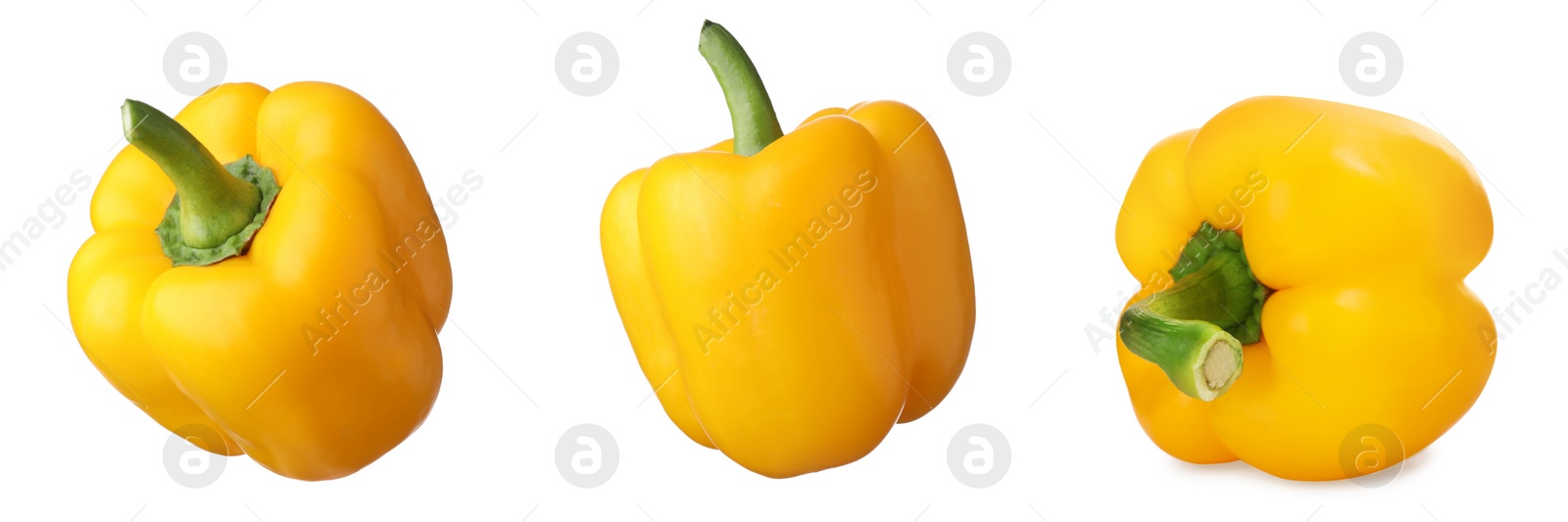 Image of Set of fresh whole yellow bell peppers on white background. Banner design