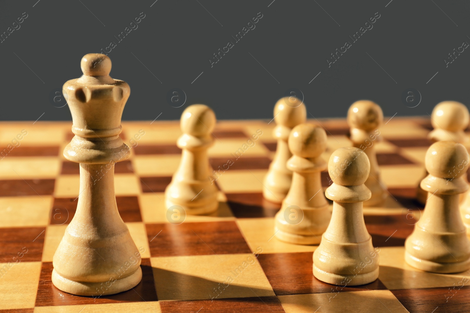 Photo of Queen and pawns on wooden chess board, closeup. Social roles concept