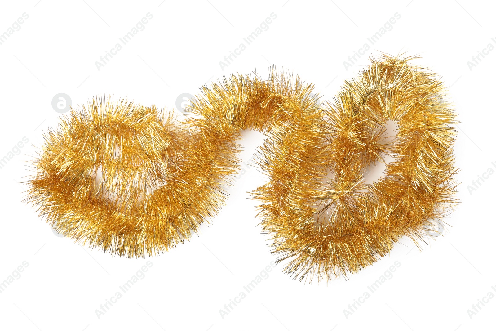 Photo of Shiny golden tinsel isolated on white, top view