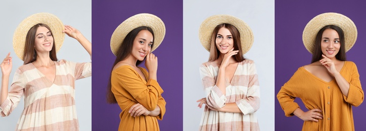 Image of Collage with photos of young women wearing different dresses on bright backgrounds