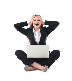 Emotional businesswoman in office wear with laptop celebrating victory on white background