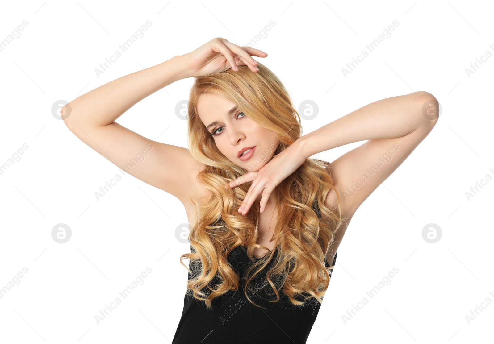 Photo of Portrait of beautiful young woman with dyed long hair on white background