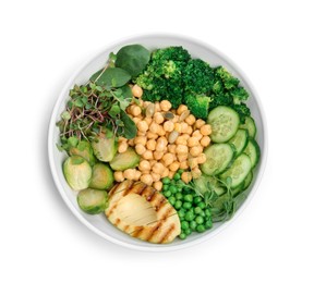 Photo of Healthy meal. Tasty vegetables and chickpeas in bowl isolated on white, top view