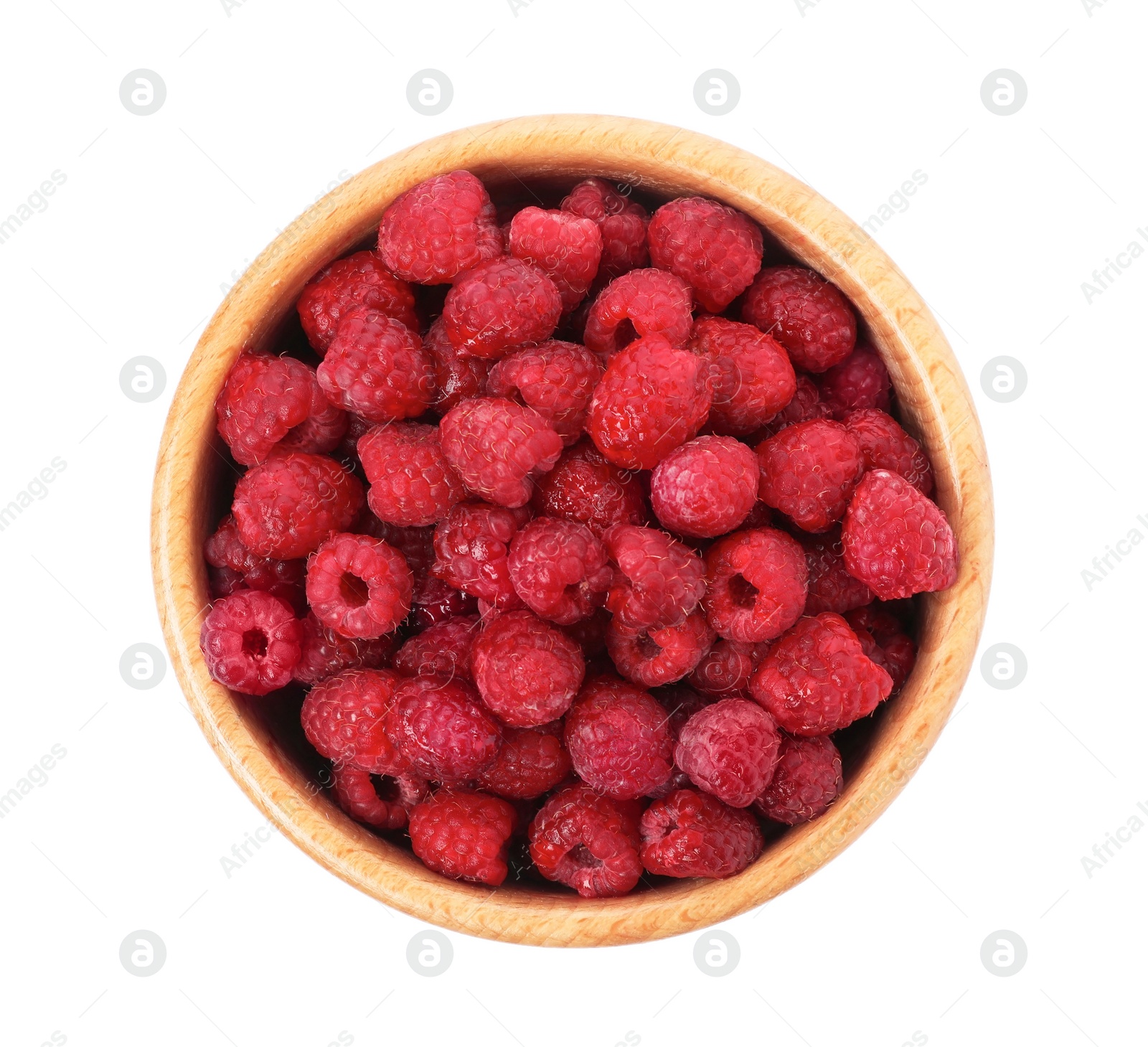 Photo of Bowl with ripe raspberries on white background, top view