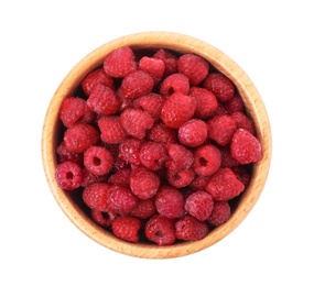 Photo of Bowl with ripe raspberries on white background, top view