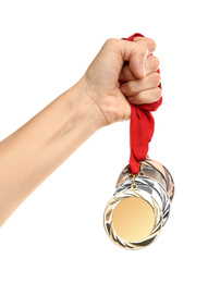 Photo of Woman holding medals on white background, closeup. Space for design