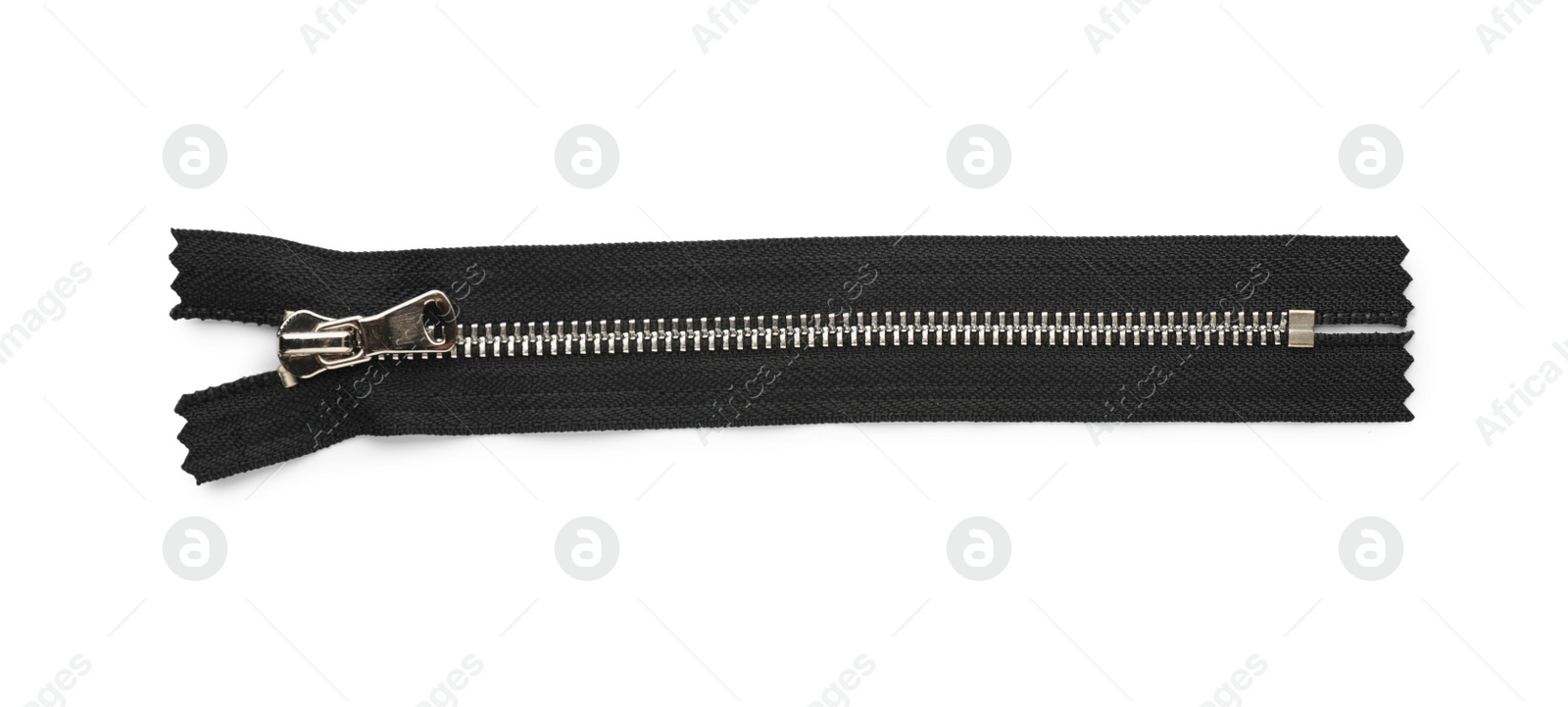 Photo of Black zipper isolated on white, top view