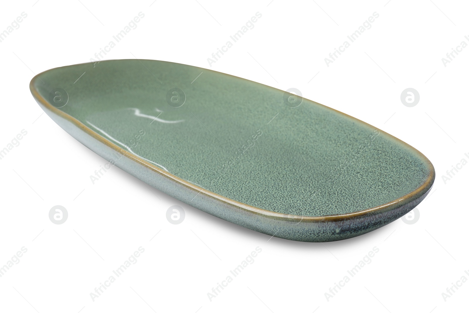 Photo of New green ceramic dish on white background