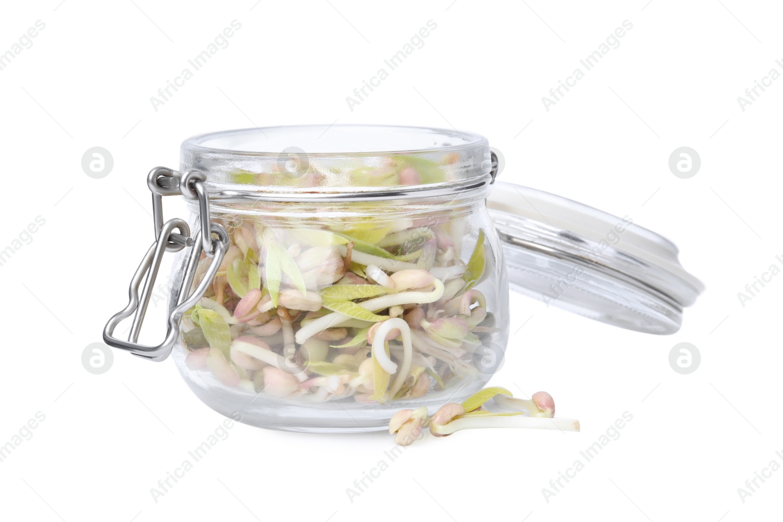 Photo of Mung bean sprouts in glass jar isolated on white