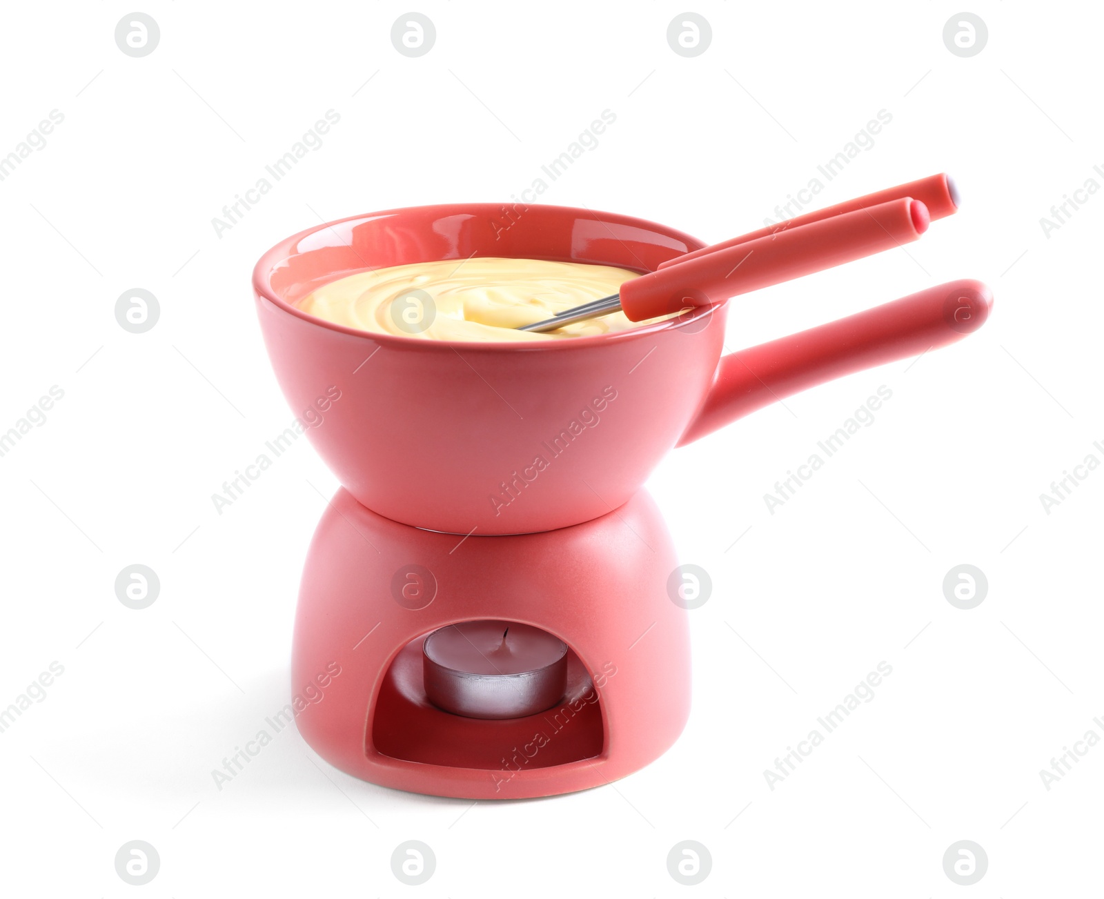 Photo of Pot with delicious cheese fondue and forks on white background